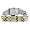 An image of a Raymond Weil women's wristwatch, viewed from the back. The focus is on the closed fold-over clasp, showcasing the stainless steel rectangular case and band. The band features a mix of silver and gold tones. The angle highlights the snap caseback, and the photograph is taken at a close distance to emphasize the watch's design details. The watch is a display model and appears in excellent condition.