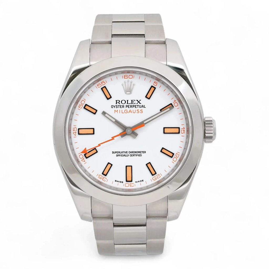 An image of a pre-owned men's Rolex Milgauss 40mm Steel White Dial Automatic Men Watch 116400, shown from the front at a close distance. The watch features a stainless steel band and a white dial with orange and black hour markers. The luminous hands are visible, along with the Rolex and Milgauss branding. The crown is positioned on the right side of the watch case.