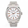 An image of a pre-owned men's Rolex Milgauss 40mm Steel White Dial Automatic Men Watch 116400, shown from the front at a close distance. The watch features a stainless steel band and a white dial with orange and black hour markers. The luminous hands are visible, along with the Rolex and Milgauss branding. The crown is positioned on the right side of the watch case.