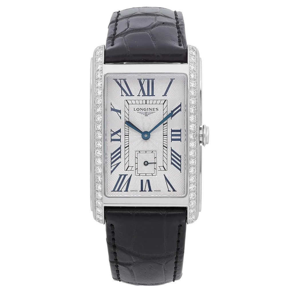 An image of an unworn Longines women's luxury wristwatch with a frontal full view. The watch has a rectangular stainless steel case with a stainless steel bezel adorned with diamonds, and a guilloche silver dial featuring blue hands and Roman numeral indices. It is attached to a black leather band, and the Longines logo is visible at the top of the dial. The image is taken from a close distance, ensuring the watch is the central focus and all details are clearly visible.