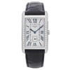 An image of an unworn Longines women's luxury wristwatch with a frontal full view. The watch has a rectangular stainless steel case with a stainless steel bezel adorned with diamonds, and a guilloche silver dial featuring blue hands and Roman numeral indices. It is attached to a black leather band, and the Longines logo is visible at the top of the dial. The image is taken from a close distance, ensuring the watch is the central focus and all details are clearly visible.