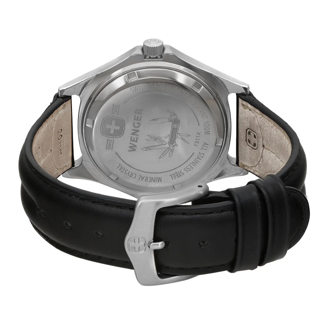 Back View Of Solid Back Case And Closed Leather Band Of Wenger 73115 Watch Pre Owned Condition