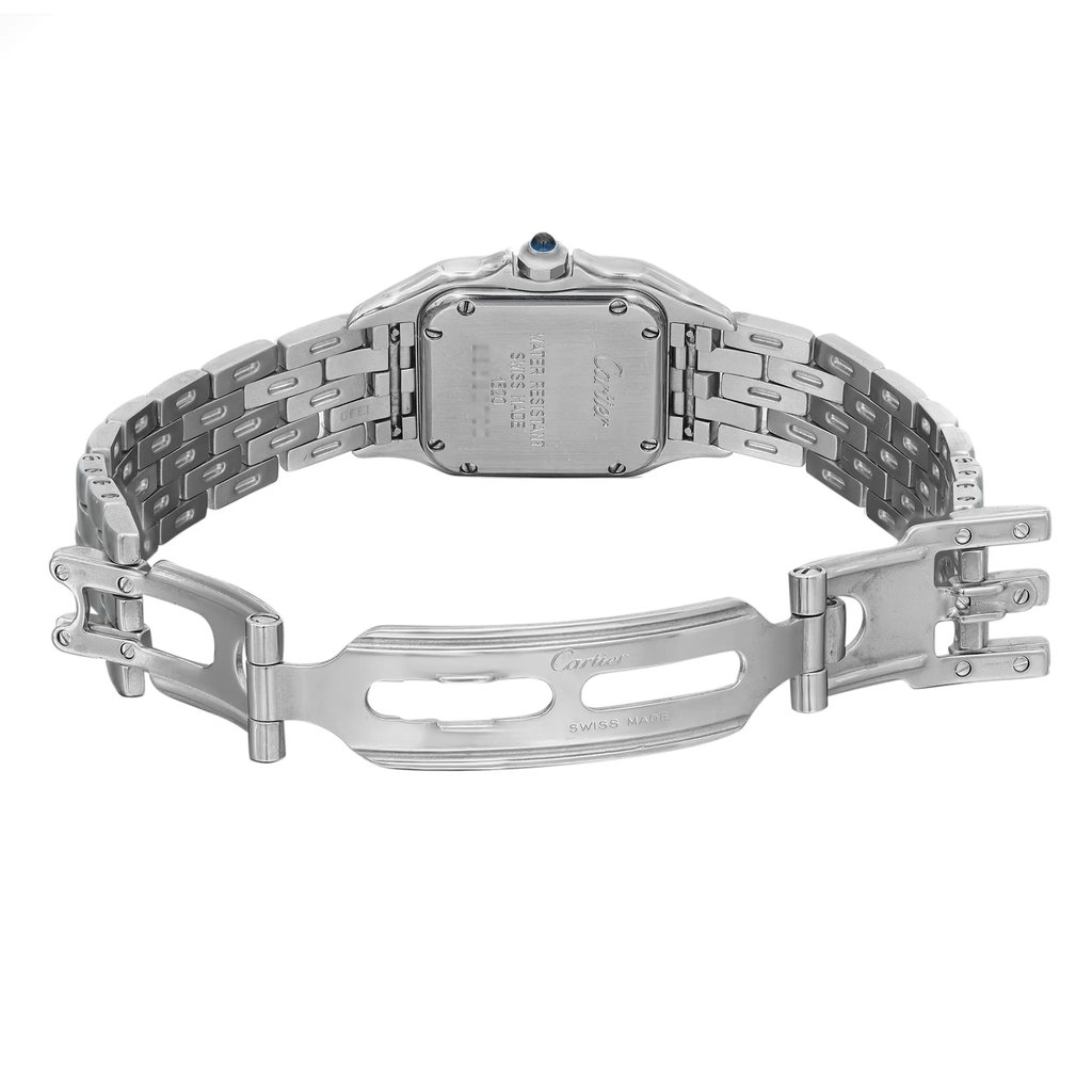 An image of a pre-owned Cartier women's wristwatch, displayed from the back view with an open hidden fold clasp. The watch features a square stainless steel case with a screwback, connected to a stainless steel band. The caseback is engraved with the Cartier brand name and other details. The watch is positioned centrally and viewed at a straight angle, with the clasp extended to the right, occupying the full frame for a clear and detailed view. The watch shows light signs of wear,