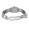 An image of a pre-owned Cartier women's wristwatch, displayed from the back view with an open hidden fold clasp. The watch features a square stainless steel case with a screwback, connected to a stainless steel band. The caseback is engraved with the Cartier brand name and other details. The watch is positioned centrally and viewed at a straight angle, with the clasp extended to the right, occupying the full frame for a clear and detailed view. The watch shows light signs of wear,