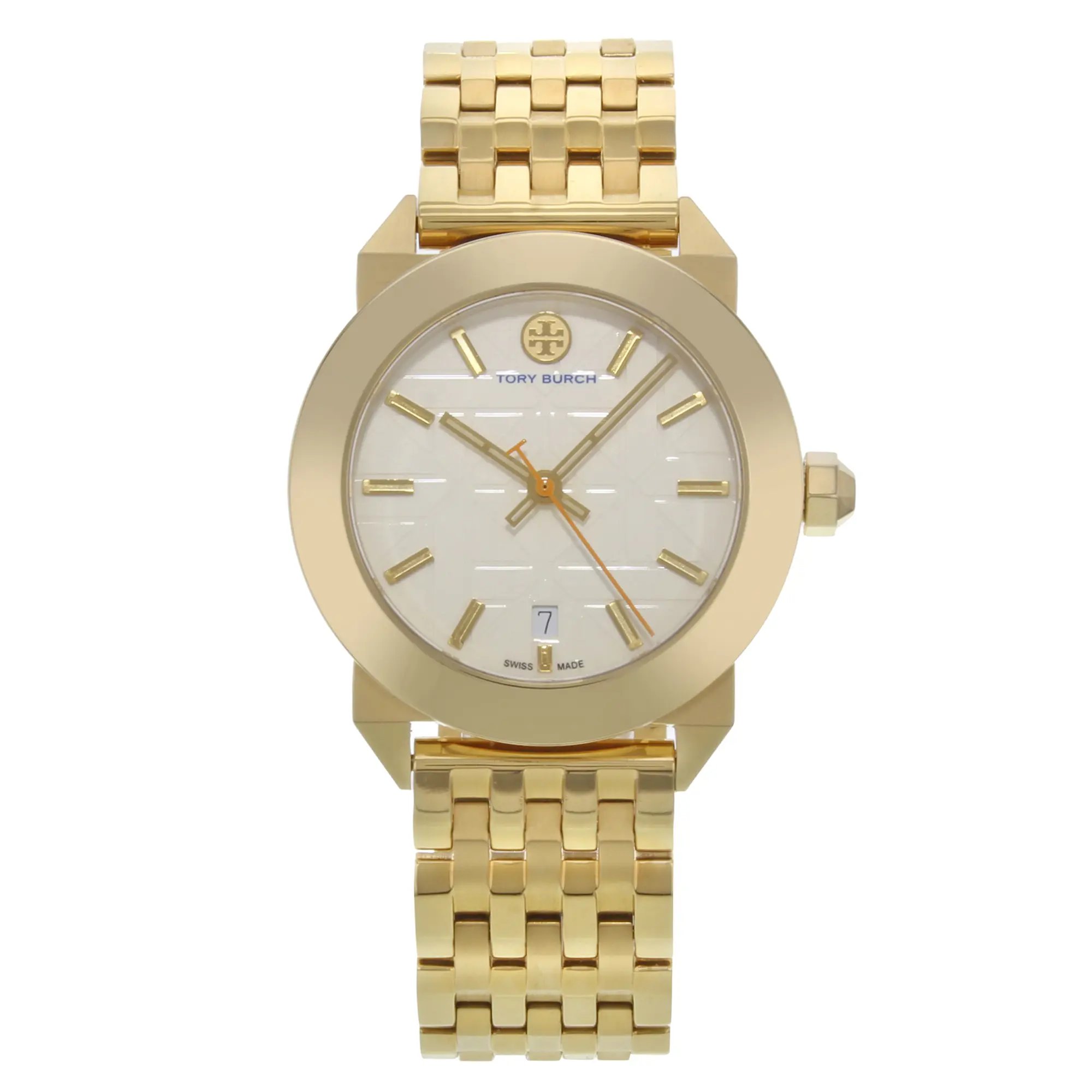An image of a Wristwatch by Tory Burch. This Pre Owned item is designed for Women, featuring a Dress/Formal style. It has a Quartz movement and an Analog display with a Beige dial color. The indices include Non-Numeric Hour Marks,Stick Indexes. The band is made of Stainless Steel and the case is made of Stainless Steel. The watch has a Round shape with a case size of 35 mm and a case thickness of 7.5 mm.