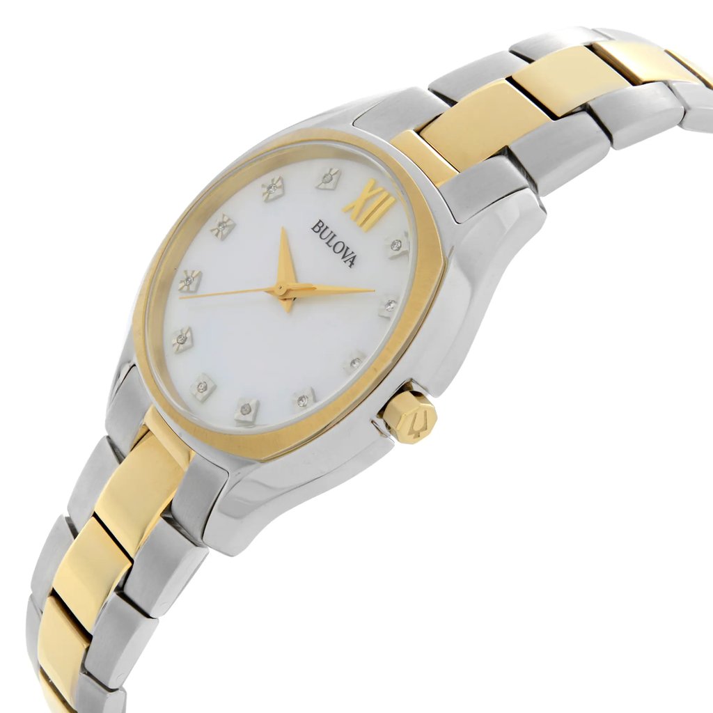 An image of a pre-owned Bulova women's dress/formal wristwatch in a side profile view with the crown visible. The watch features a mother of pearl dial with a matching dial pattern, gold-tone bezel, stainless steel band, and tonneau/barrel-shaped stainless steel case. The photograph is taken at a close distance, highlighting the side angle of the watch to showcase its design and condition.