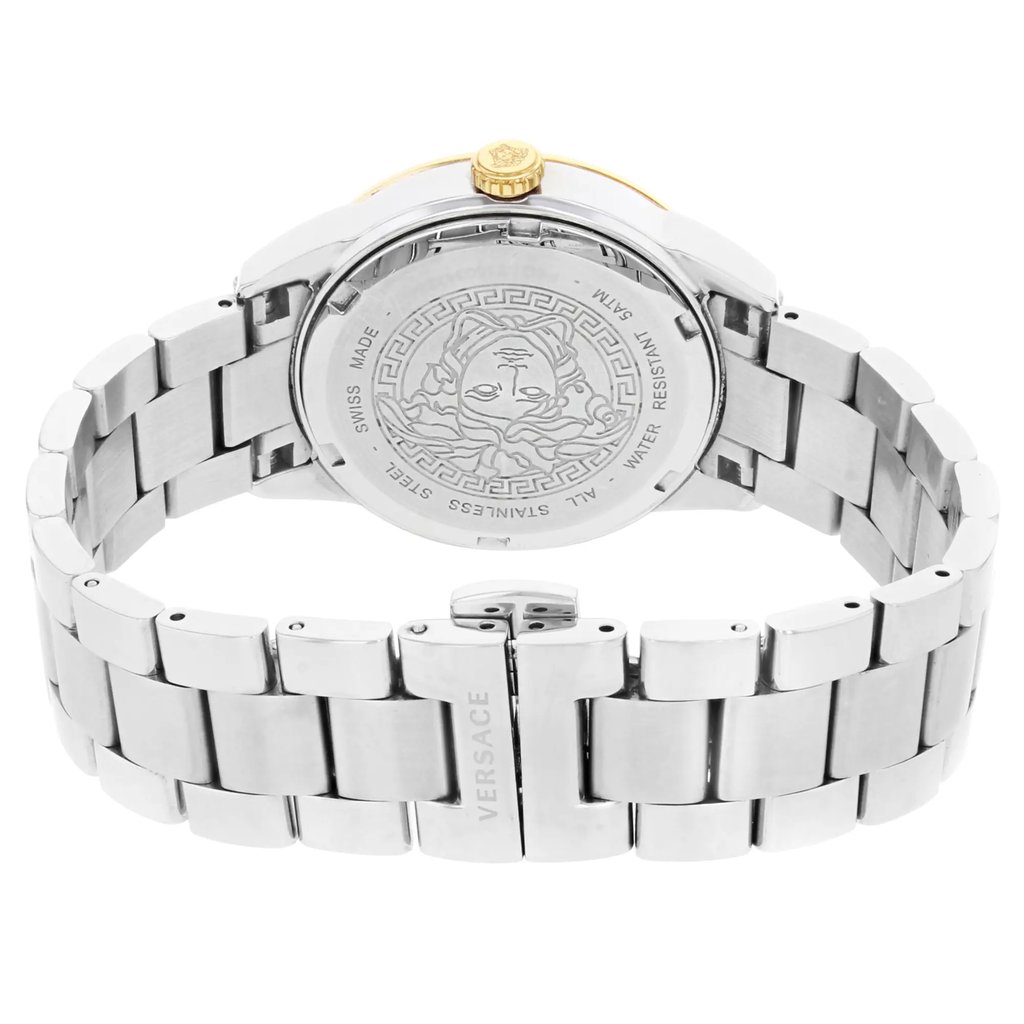 Back View Of Screwback Back Case And Closed Stainless Steel Band Of Versace P6Q89FD002S099 Watch Pre Owned Condition