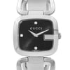 An image of a pre-owned Gucci women's wristwatch in good condition, presented in a front close-up shot. The watch face is round with a black sunburst pattern dial, accentuated by silver diamond markers and non-numeric hour marks. A silver stainless steel bezel surrounds the dial, and the band is also made of stainless steel. The Gucci logo is prominently displayed at the center top of the dial. The watch is positioned straight-on to the camera, allowing a clear view of the details, and the image is taken from a close distance, focusing on the watch face and the upper part of the band.