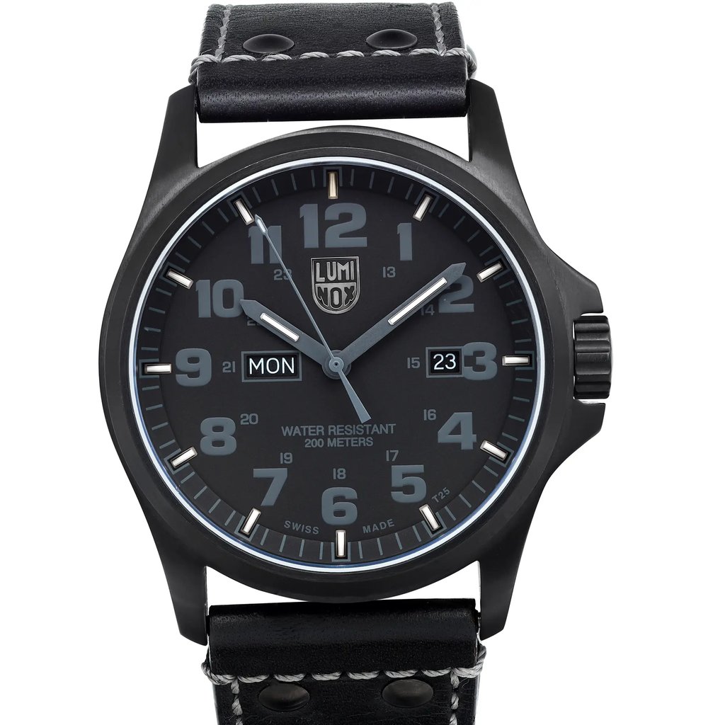 An image of a Wristwatch by Luminox. This New With Defects item is designed for Men, featuring a Dress/Formal style. It has a Quartz movement and an Analog display with a Black dial color. The indices include 12-Hour Dial,Arabic Numerals. The band is made of Leather and the case is made of Stainless Steel. The watch has a Round shape with a case size of 45 mm and a case thickness of 12 mm.