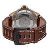 An image of a pre-owned wristwatch, shown from the back view. The focus is on the closed clasp and the detailed inscriptions on the case back. The brown leather strap with white stitching is visible in the foreground. The angle is slightly elevated, providing a clear view of the watch's back at a close distance.