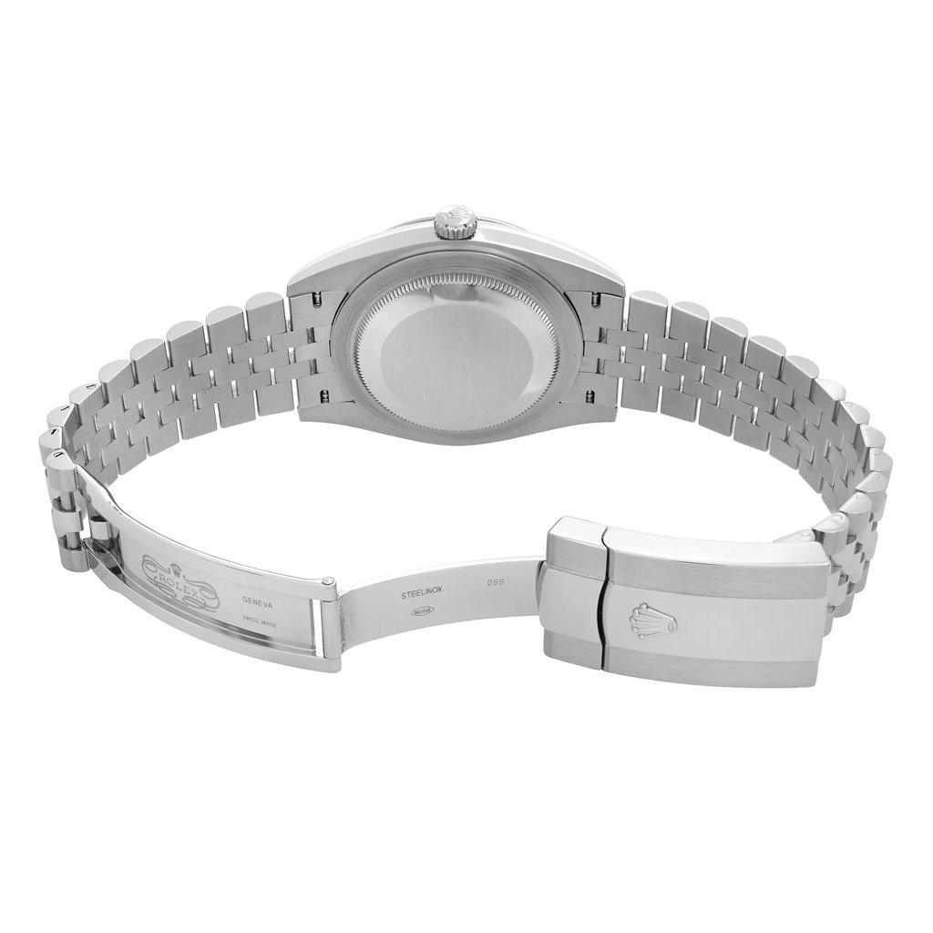 Back View Of Screwback Back Case And Open Stainless Steel Band Of Rolex 126300 Watch Display Model Condition