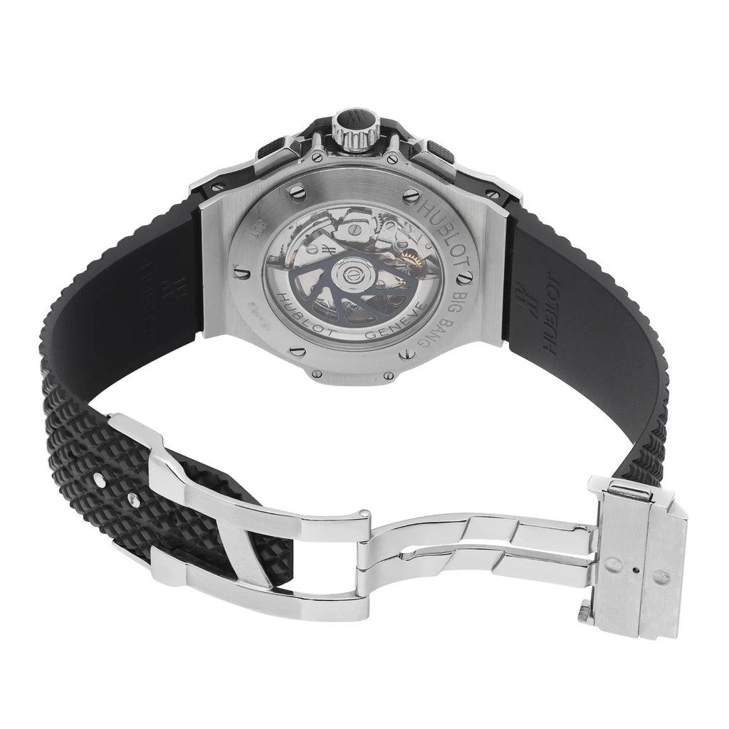 An image of a Wristwatch by Hublot. This Pre Owned item is designed for Men, featuring a Luxury style. It has a Mechanical (Automatic) movement and an Analog display with a Black dial color. The indices include 12-Hour Dial,Arabic Numerals,Non-Numeric Hour Marks,Stick Indexes. The band is made of Rubber and the case is made of Stainless Steel. The watch has a Round shape with a case size of 44 mm and a case thickness of 15 mm.