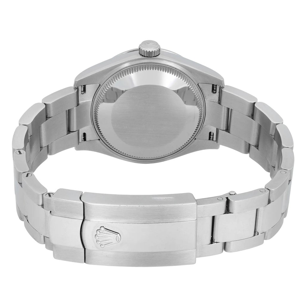 An image of a pre-owned women's Rolex wristwatch, viewed from the back. The watch is positioned horizontally, with the stainless steel bracelet fully extended. The focus is on the closed clasp, prominently displaying the Rolex logo. The angle is slightly elevated, capturing the watch's details at a close distance.
