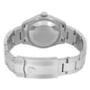An image of a pre-owned women's Rolex wristwatch, viewed from the back. The watch is positioned horizontally, with the stainless steel bracelet fully extended. The focus is on the closed clasp, prominently displaying the Rolex logo. The angle is slightly elevated, capturing the watch's details at a close distance.