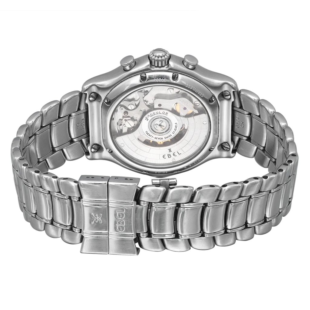 Back View Of Exhibition Back Case And Closed Stainless Steel Band Of EBEL 9137240 Watch Pre Owned Condition
