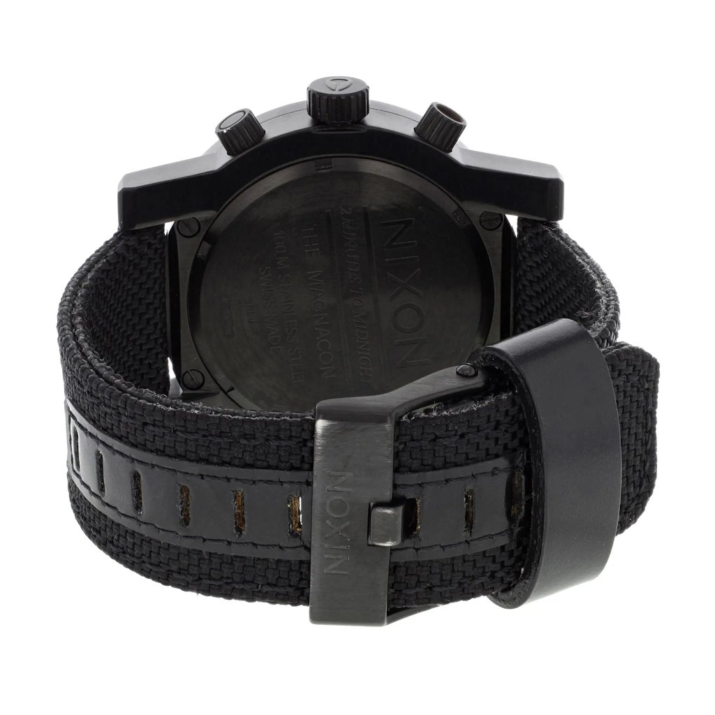 Back View Of Solid Back Case And Closed Fabric/Canvas Band Of Nixon A079001-00 Watch Display Model Condition