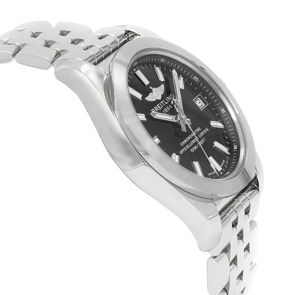 View Of Opposite Crown Facing Side Of Breitling W7433012/BE08-376A Stainless Steel Watch Display Model Condition