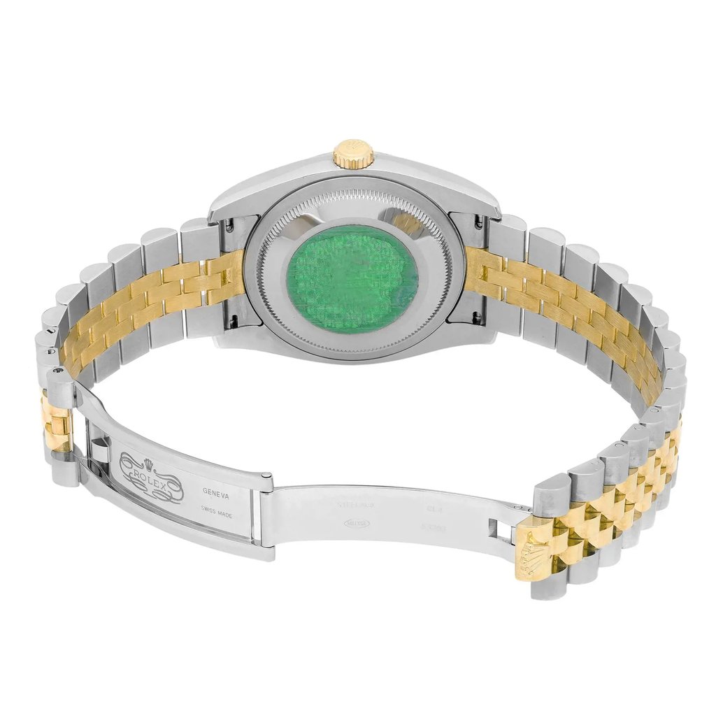 Back View Of Screwback Back Case And Open Stainless and Solid Gold Band Of Rolex 116233 Watch Pre Owned Condition