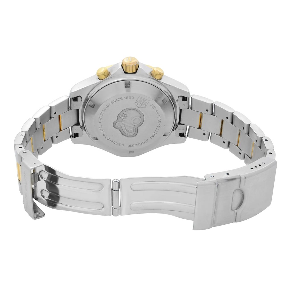 Back View Of Solid Back Case And Open Stainless Steel Band Of TAG Heuer CAF2120.BB0816 Watch Pre Owned Condition