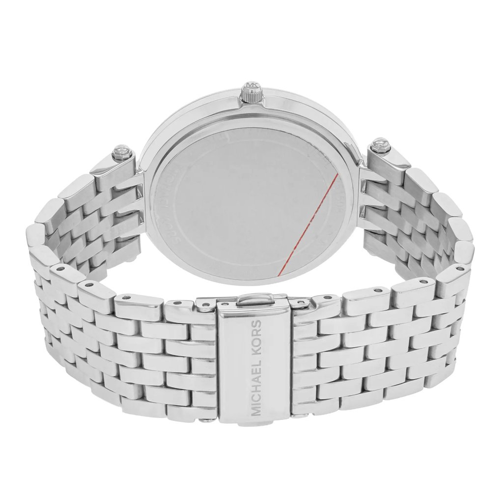 Back View Of Snap Back Case And Closed Stainless Steel Band Of Michael Kors MK3190 Watch New With Defects Condition