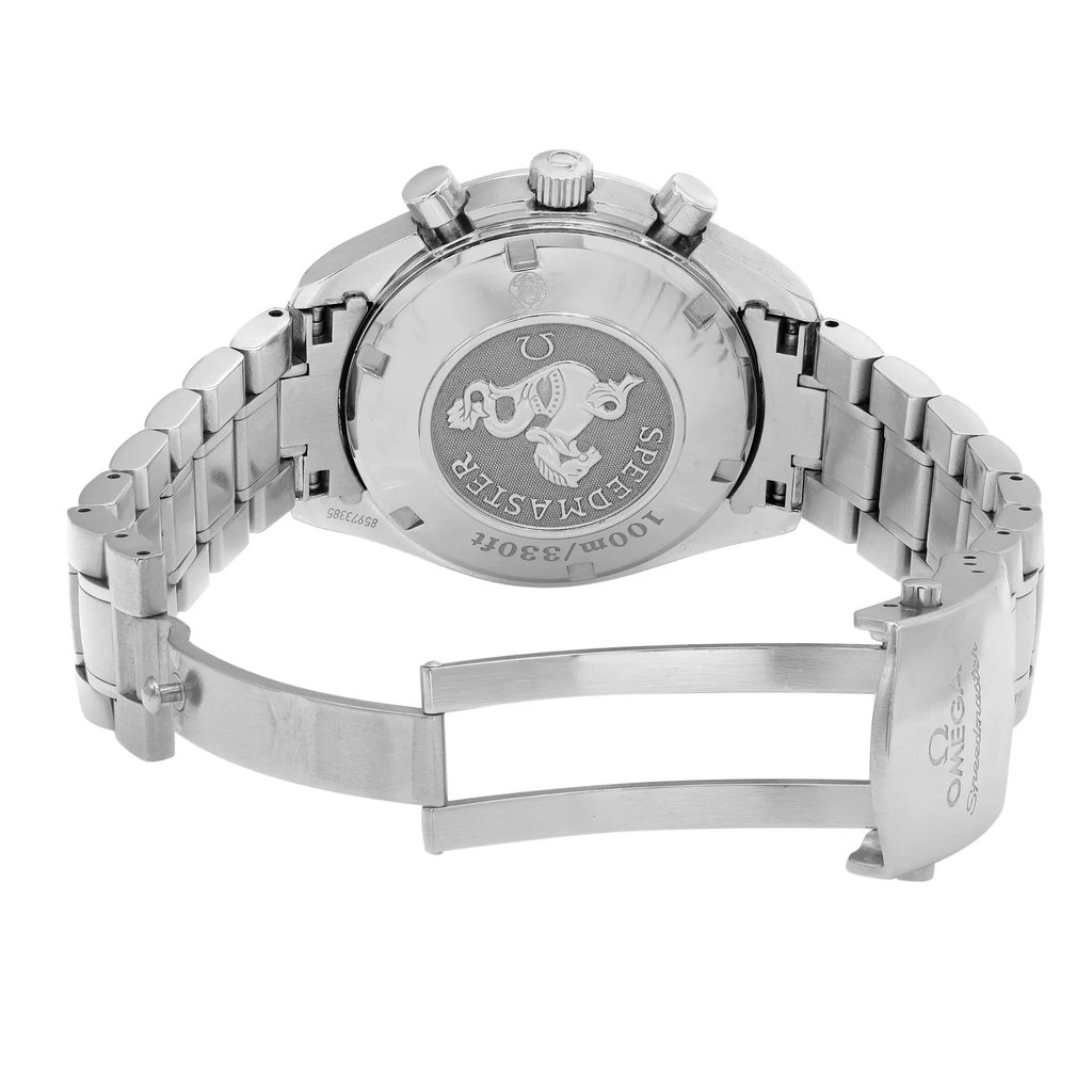 Back View Of Solid Back Case And Open Stainless Steel Band Of OMEGA 3210.50.00 Watch Pre Owned Condition