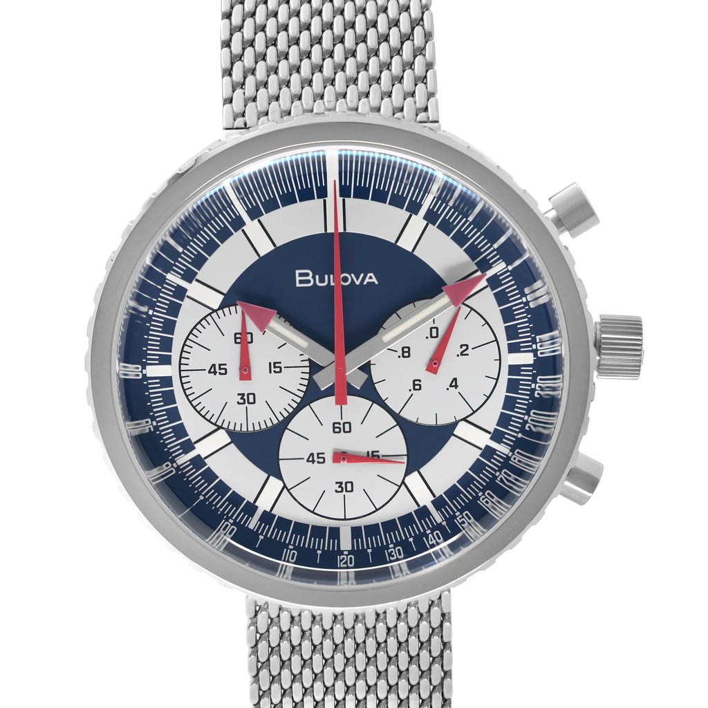 Up Close Front Facing Picture Of Bulova 96K101 Stainless Steel Watch Unworn Condition
