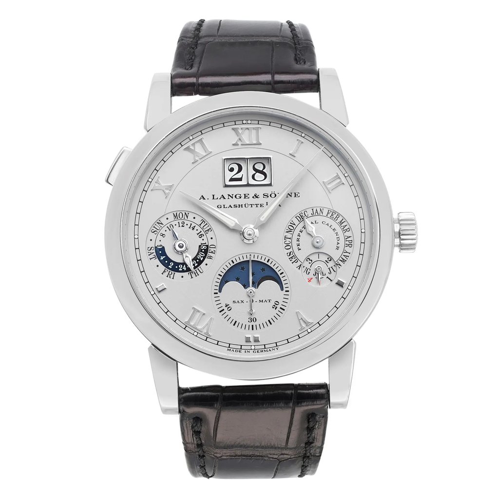 An image of a pre-owned wristwatch taken from a full frontal view, showcasing the entire face and strap. The watch features a silver dial with multiple sub-dials displaying various functions. The brand name is visible near the top, and the watch has a black leather strap. The photo is taken at a close distance, highlighting the intricate details and craftsmanship of the timepiece.
