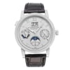An image of a pre-owned wristwatch taken from a full frontal view, showcasing the entire face and strap. The watch features a silver dial with multiple sub-dials displaying various functions. The brand name is visible near the top, and the watch has a black leather strap. The photo is taken at a close distance, highlighting the intricate details and craftsmanship of the timepiece.