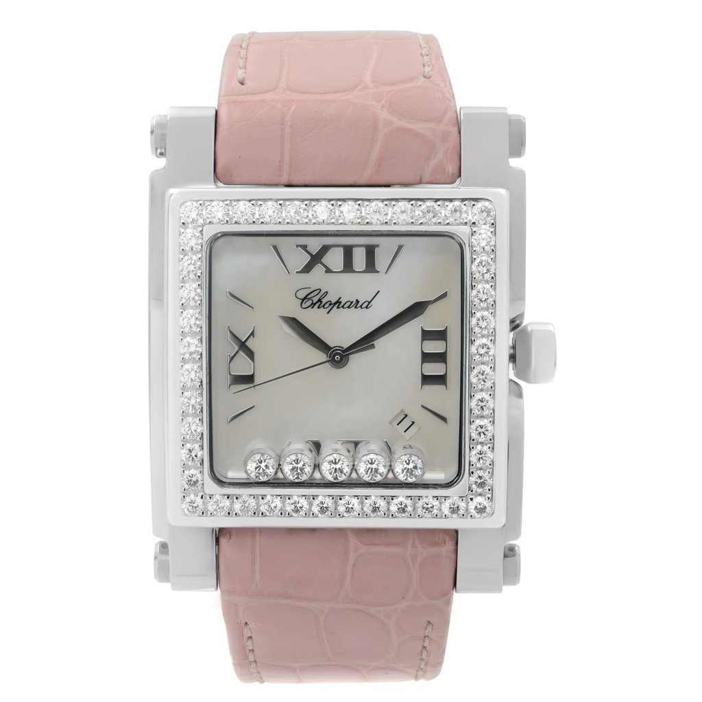 An image of a Wristwatch by Chopard. This Pre Owned item is designed for Women, featuring a Casual,Luxury style. It has a Quartz movement and an Analog display with a Mother of Pearl dial color. The indices include 12-Hour Dial,Non-Numeric Hour Marks,Roman Numerals. The band is made of Leather and the case is made of Stainless Steel. The watch has a Square shape with a case size of 36 mm x 32 mm and a case thickness of 11 mm.