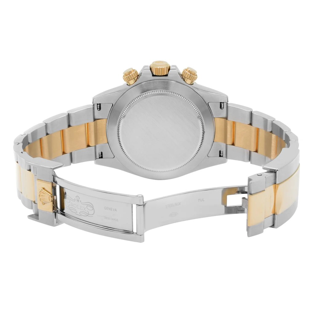 Back View Of Solid Back Case And Open Stainless Steel,Gold,Gold Plated Band Of Rolex 116503 Watch Pre Owned Condition