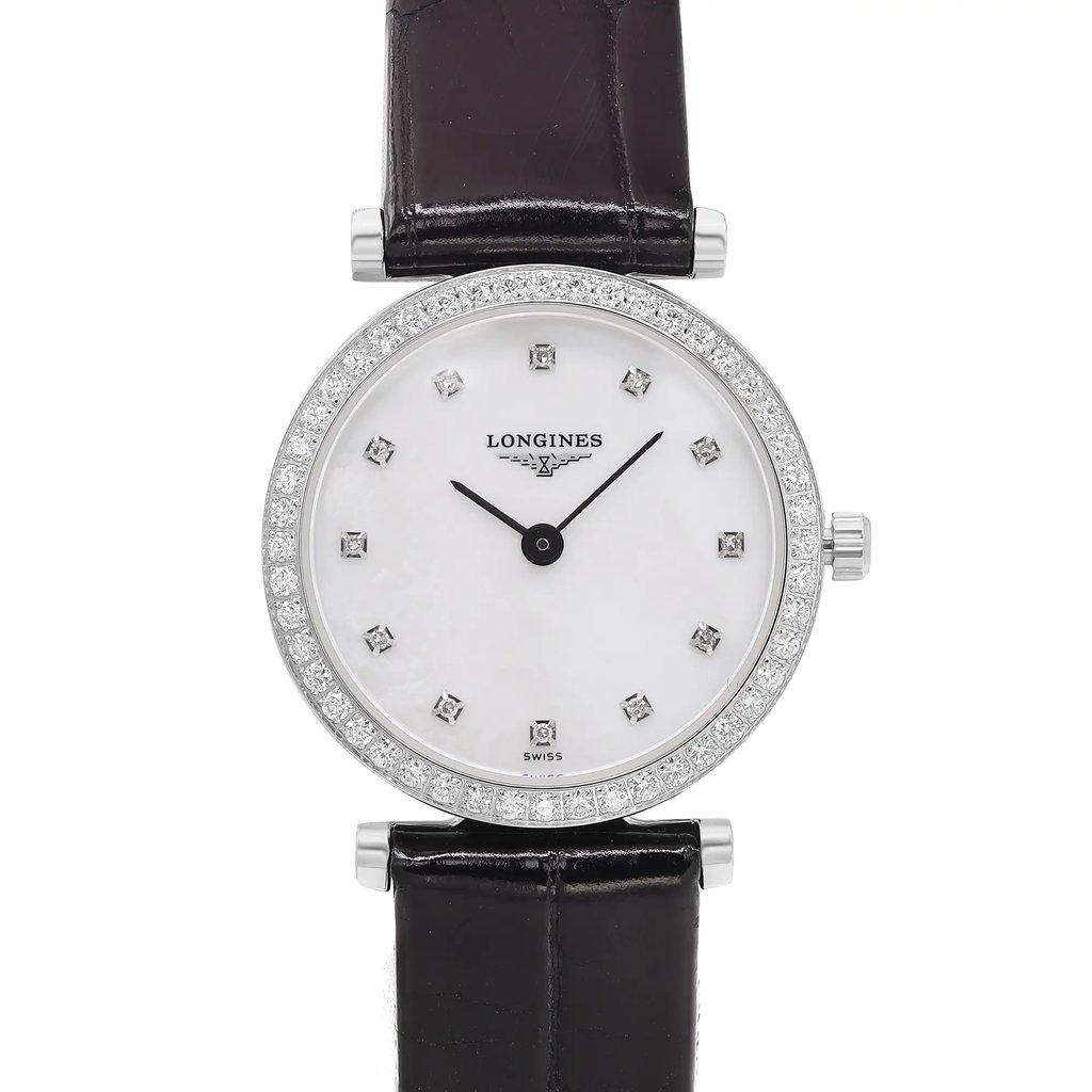 An image of a Wristwatch by Longines. This Display Model item is designed for Women, featuring a Luxury style. It has a Quartz movement and an Analog display with a White dial color. The indices include 12-Hour Dial,Diamond Markers. The band is made of Leather and the case is made of Stainless Steel. The watch has a Round shape with a case size of 24 mm and a case thickness of 4.6 mm.