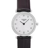 An image of a Wristwatch by Longines. This Display Model item is designed for Women, featuring a Luxury style. It has a Quartz movement and an Analog display with a White dial color. The indices include 12-Hour Dial,Diamond Markers. The band is made of Leather and the case is made of Stainless Steel. The watch has a Round shape with a case size of 24 mm and a case thickness of 4.6 mm.
