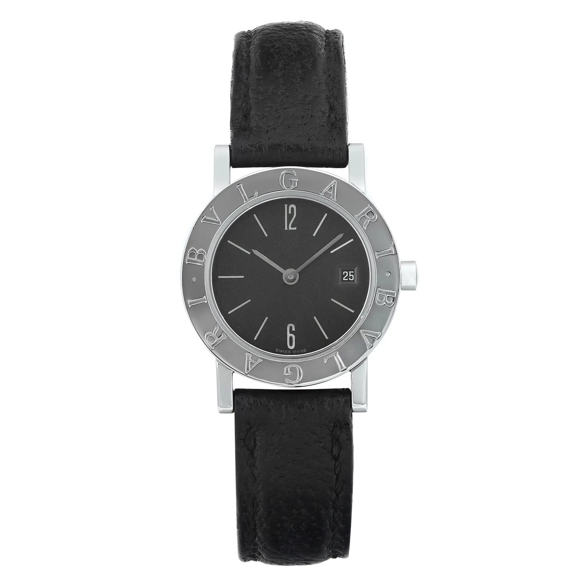  This is an image of a pre-owned, women's Bvlgari Bvlgari 26mm wristwatch, taken from a straight-on angle. The watch showcases a black leather strap and a round silver steel bezel engraved with the brand name. The black dial features silver hour markers and hands, along with a date indicator at the 3 o'clock position. The wristwatch is positioned vertically and photographed at a close distance to highlight its intricate details. There are minor dings on the case and visible signs of wear on the bands. Minor blemishes may occur during handling and shipping, and it comes with an aftermarket buckle.