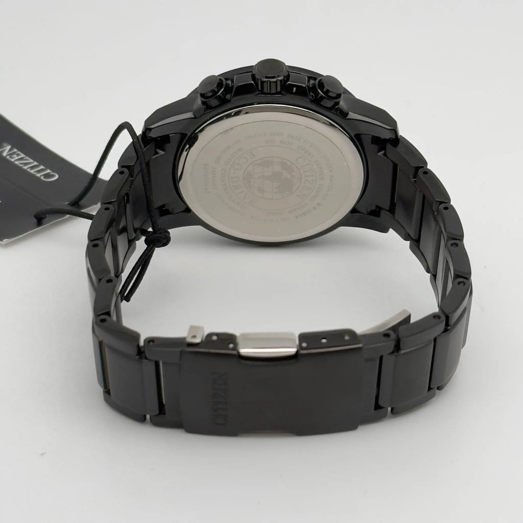 An image of a Wristwatch by Citizen. This Display Model item is designed for Men, featuring a Casual,Sport style. It has a Quartz movement and an Analog display with a Black dial color. The indices include 12-Hour Dial,Multi Dial,Stick Indexes. The band is made of Stainless Steel and the case is made of Stainless Steel. The watch has a Round shape with a case size of 43 mm and a case thickness of 12 mm.