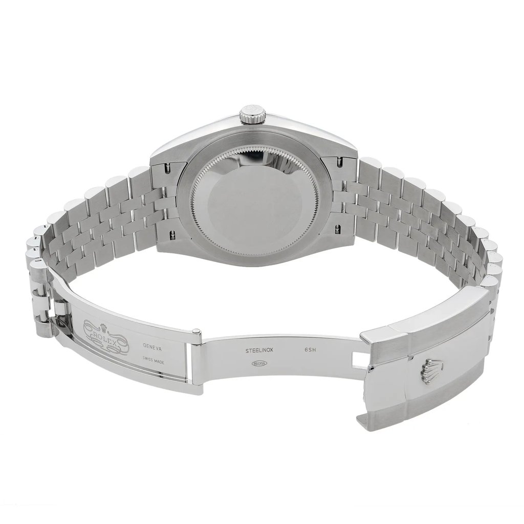 Back View Of Screwback Back Case And Open Stainless Steel Band Of Rolex 126300 Watch Unworn Condition