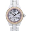 An image of a new with defects Lucien Piccard women's wristwatch. The photo provides a close-up front view of the watch face, emphasizing the details of the white mother of pearl dial with Arabic numeral indices and a 12-hour display. The round case and bezel are ceramic with a beige color, and the bezel is adorned with pink gemstones. The band is made of white ceramic and stainless steel, suggesting a casual style. Note that water damage on the bezel under the insert might be visible only upon close examination and from certain angles, which is not apparent in this frontal shot. The hands of the watch are positioned in a way that indicates the time is approximately 10:10. The "Lucien Piccard" brand name and "Swiss Made" label are visible on the dial, along with the word "Automatic" indicating the watch's movement type.