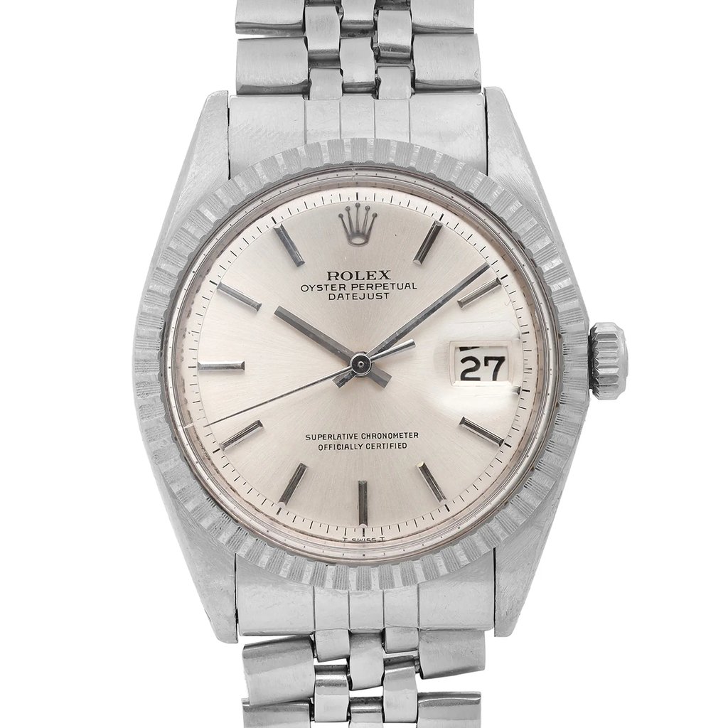 Up Close Front Facing Picture Of Rolex 1603 Stainless Steel Watch Pre Owned Condition