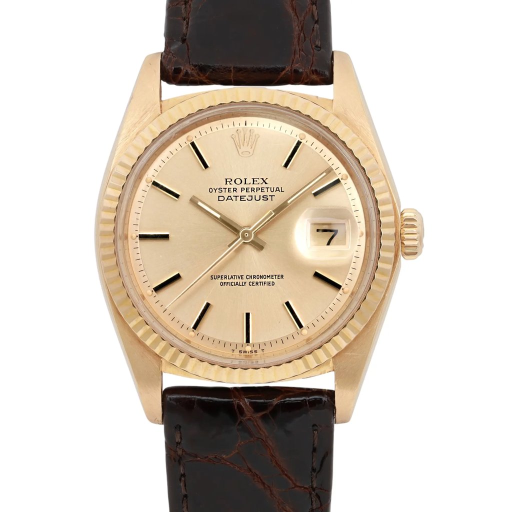 Up Close Front Facing Picture Of Rolex 1601 Yellow Gold Watch Pre Owned Condition