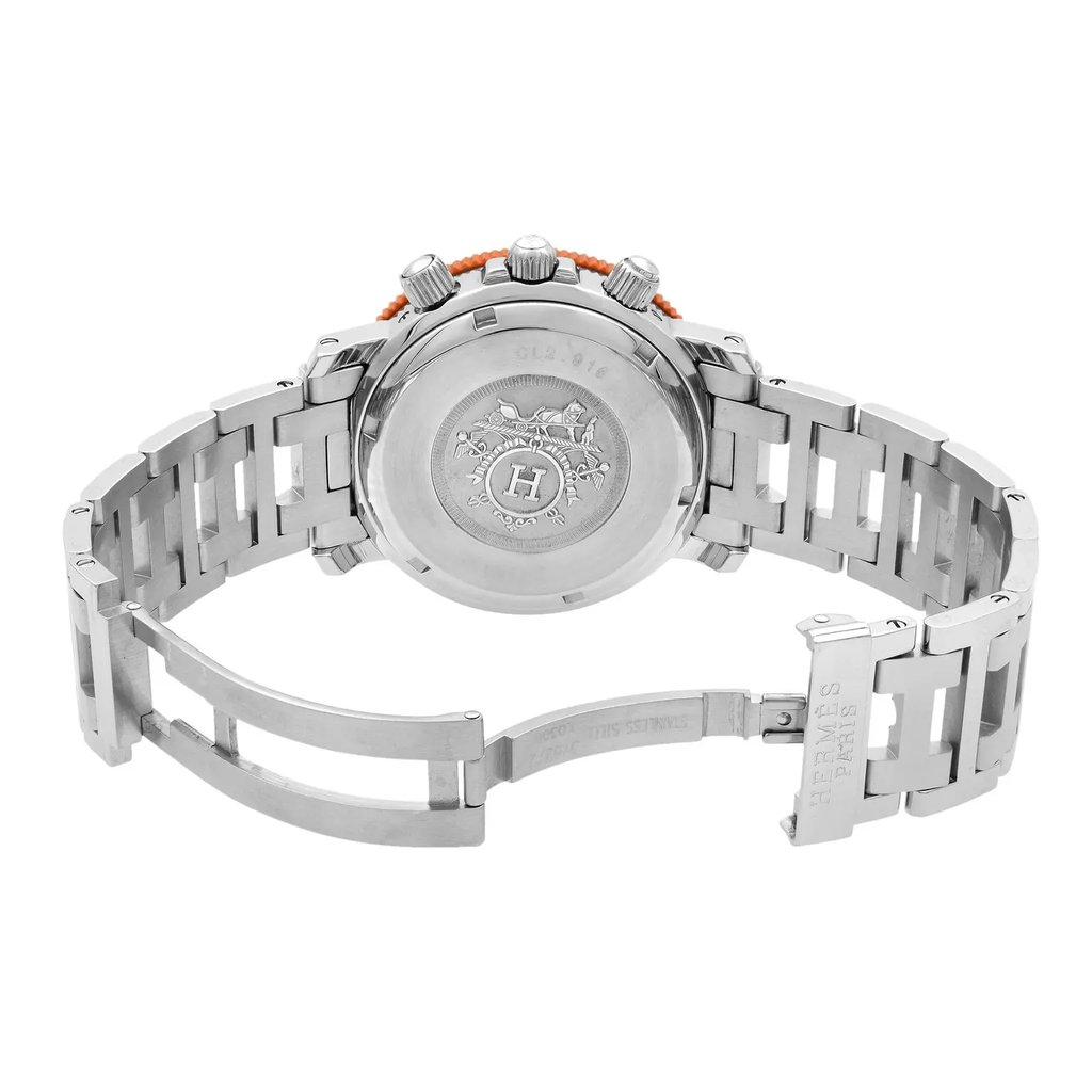 Back View Of {Caseback} Back Case And Open Stainless Steel Band Of Hermes CL2.916 Watch Pre Owned Condition