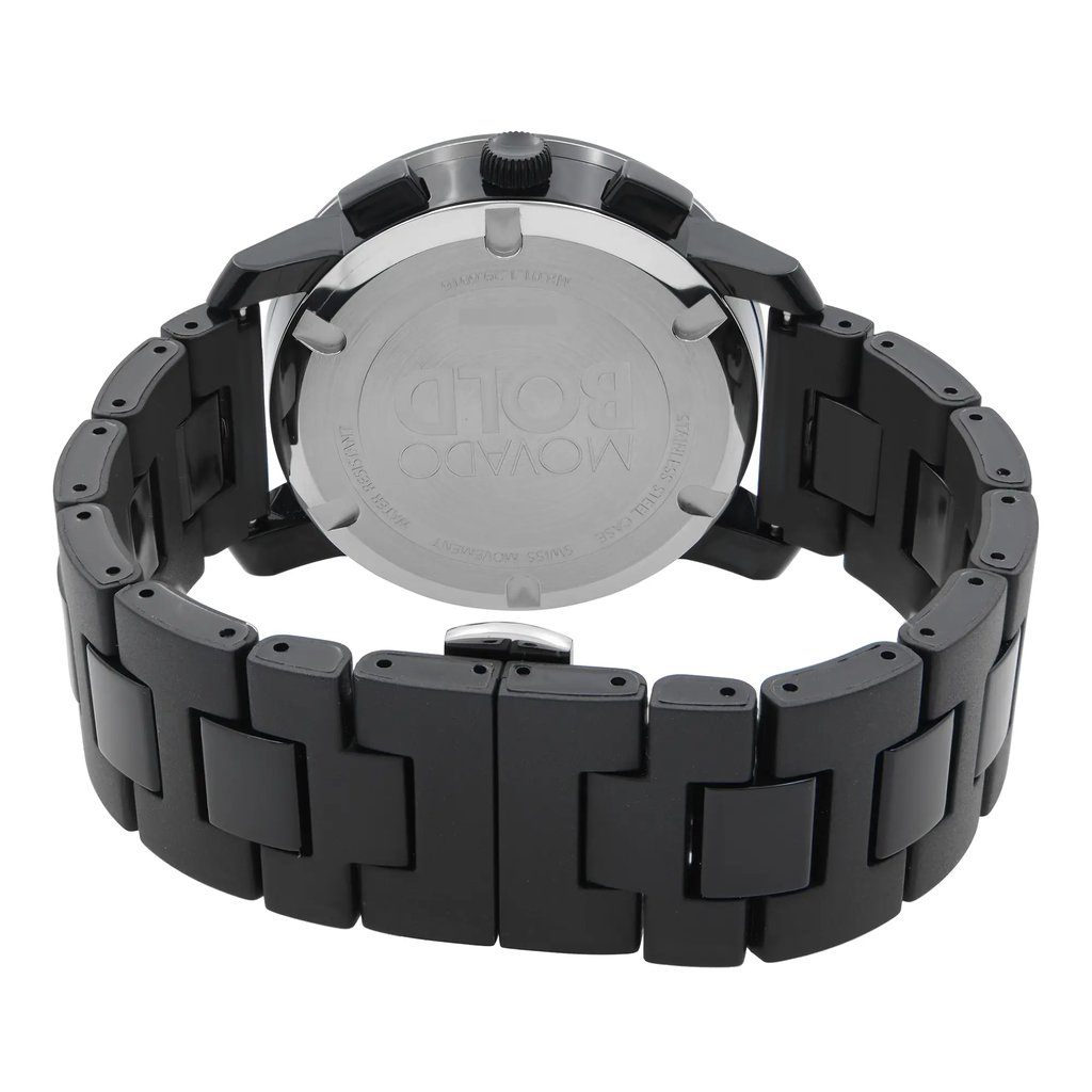 An image of a pre-owned wristwatch captured from the back view, showcasing the closed clasp. The watch is positioned upright, with the focus on the back case and part of the bracelet. The angle highlights the smooth metallic finish of the back case, while the black links of the bracelet are visible, demonstrating its design and condition. The photograph is taken at a close distance, emphasizing the details of the watch.