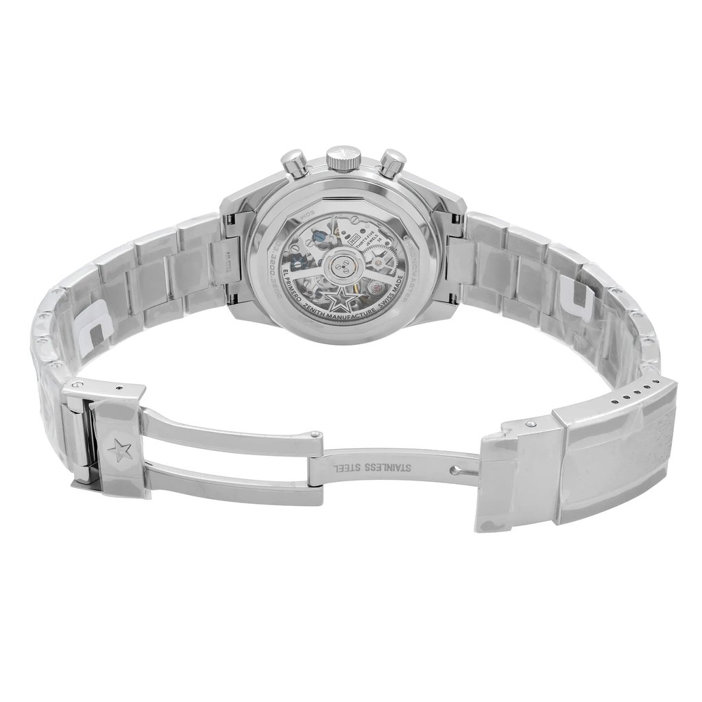 Back View Of Exhibition Back Case And Open Stainless Steel Band Of Zenith 03.3200.3600/69.M3200 Watch Unworn Condition