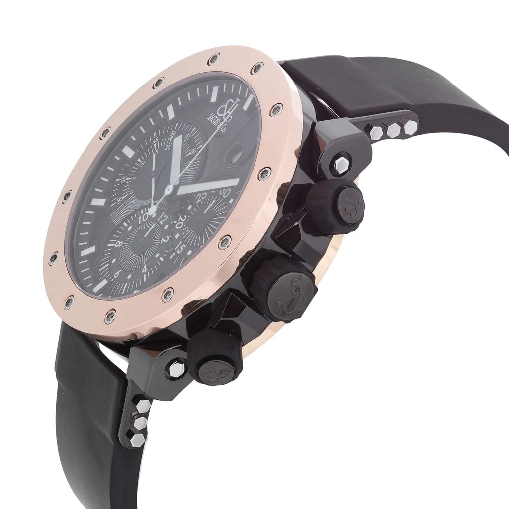 An image of a pre-owned wristwatch viewed from the side profile, showcasing the crown and pushers. The watch has a black strap and a round case with a rose gold bezel, featuring multiple screws around its perimeter. The black dial exhibits several subdials and white hour markers. The angle emphasizes the watch's depth and design details, captured at a close distance.