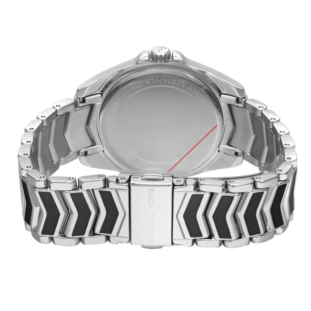 An image of a Wristwatch by Michael Kors. This Display Model item is designed for Women, featuring a Casual,Dress/Formal style. It has a Quartz movement and an Analog display with a Black dial color. The indices include 12-Hour Dial,Non-Numeric Hour Marks,Roman Numerals,Seconds Hand. The band is made of Stainless Steel and the case is made of Stainless Steel. The watch has a Round shape with a case size of 38 mm and a case thickness of 9 mm.