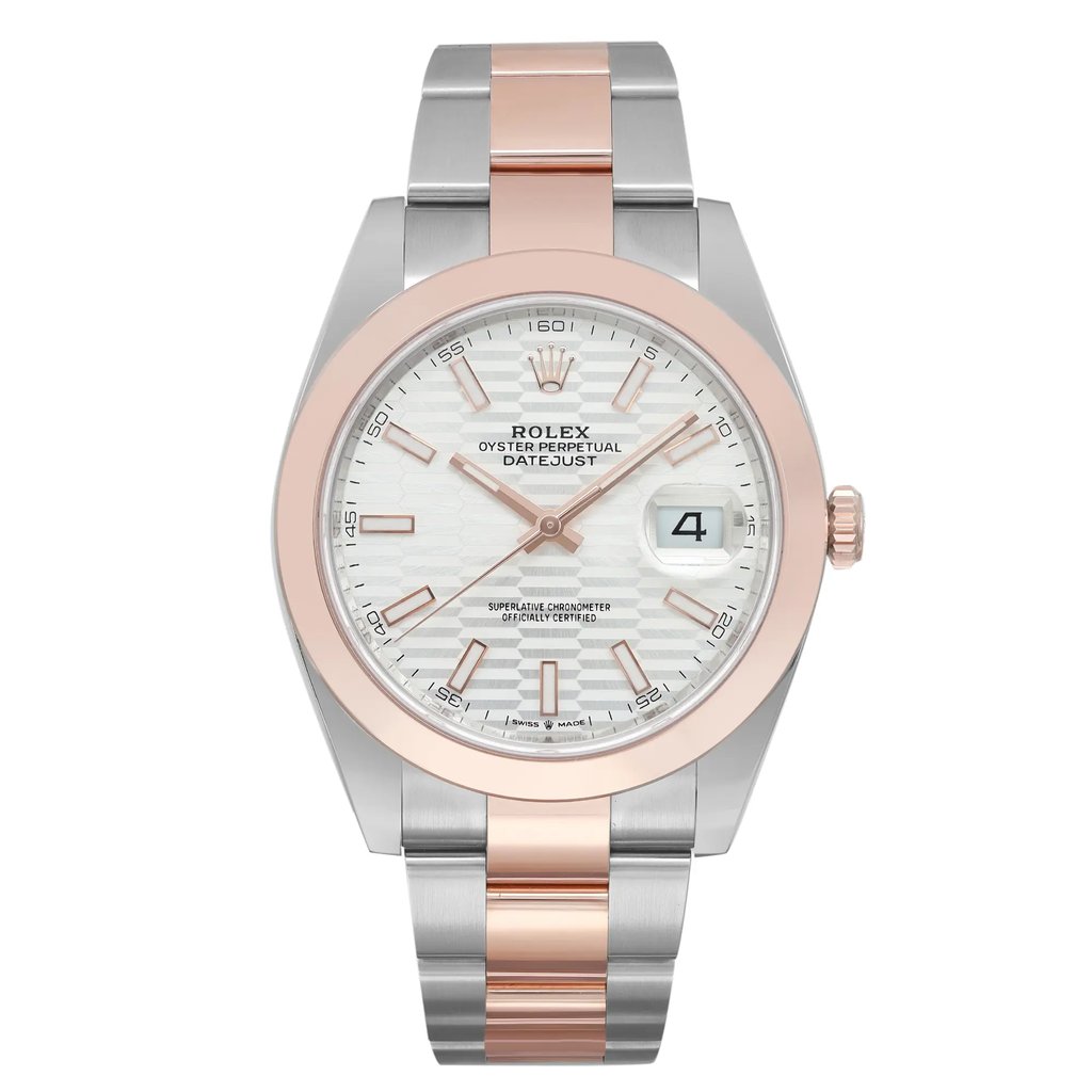 An image of a front full frontal view of an unworn Rolex wristwatch for men, showing a round case with a silver sunburst dial and rose gold bezel. The watch features a two-tone band made of rose gold and stainless steel and a date indicator at the 3 o'clock position with a magnifying window. The hands are luminous, enhancing visibility in low light. The overall condition of the watch is excellent, indicative of a luxury dress/formal style. The image is taken from a close, direct angle, showcasing the entire watch face and band.
