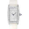 An image of a Wristwatch by Vicence. This Pre Owned item is designed for Women, featuring a Dress/Formal style. It has a Quartz movement and an Analog display with a Diamond dial color. The indices include 12-Hour Dial,No Hour Marks. The band is made of Leather and the case is made of White Gold. The watch has a Rectangle shape with a case size of 19 mm and a case thickness of 7.5 mm.