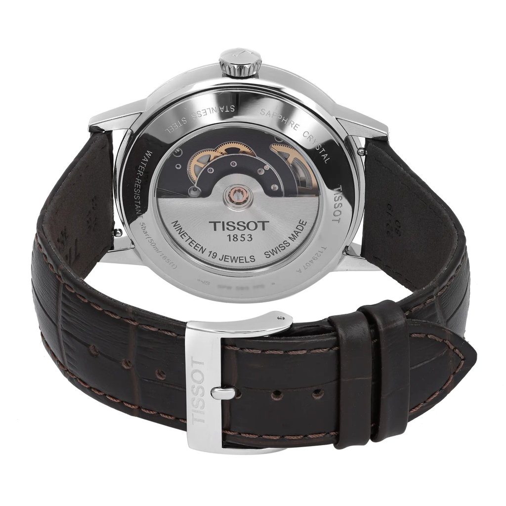 Back View Of Exhibition Back Case And Closed Leather Band Of Tissot T1294071603100 Watch New Condition