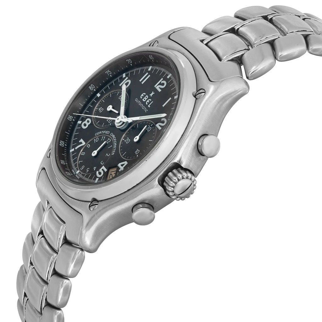 An image of a Wristwatch by EBEL. This Pre Owned item is designed for Men, featuring a Dress/Formal style. It has a Mechanical (Automatic) movement and an Analog display with a Black dial color. The indices include 12-Hour Dial,Arabic Numerals,Seconds Hand. The band is made of Stainless Steel and the case is made of Stainless Steel. The watch has a Round shape with a case size of 40 mm and a case thickness of 12 mm.