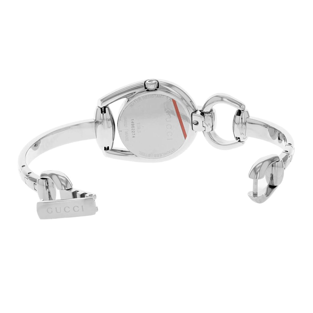 Back View Of Snap Back Case And Open Stainless Steel Band Of Gucci YA139503 Watch Unworn Condition