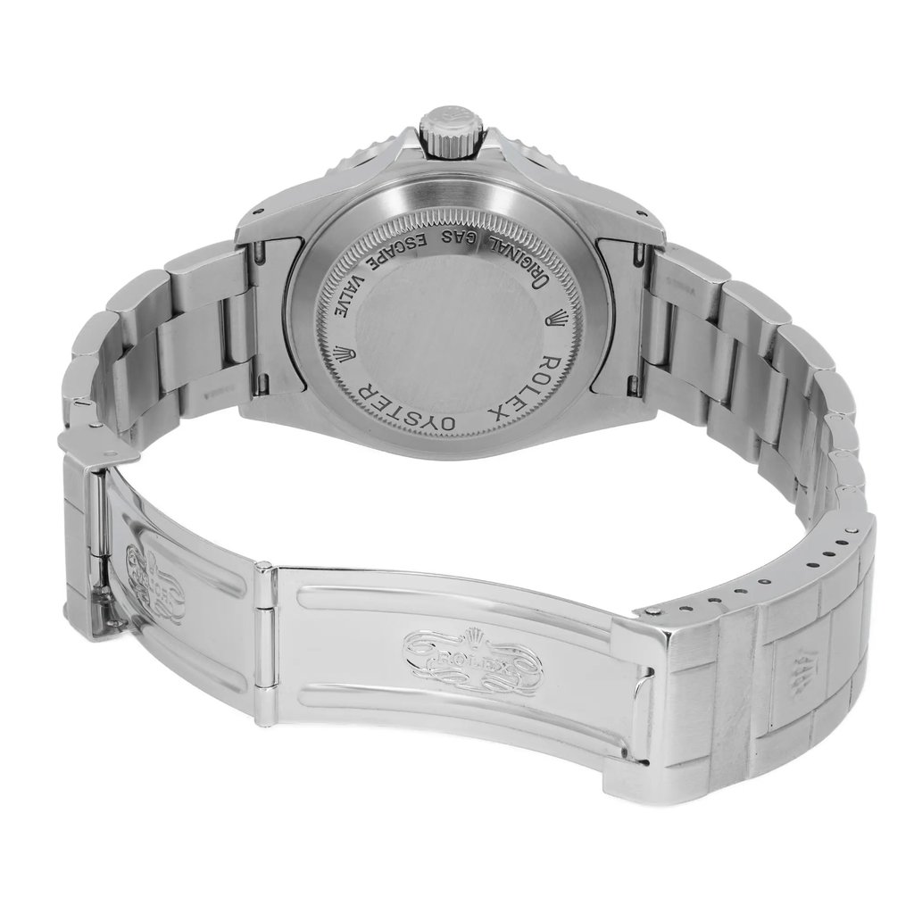 An image of a pre-owned men's Rolex wristwatch viewed from the back with an open clasp. The watch is positioned to show the solid stainless steel caseback, displaying brand engravings. The stainless steel band is visible, featuring a fold-over clasp with safety. The round watch case and bracelet are shown at a slight angle, capturing the details and condition, classified as good.