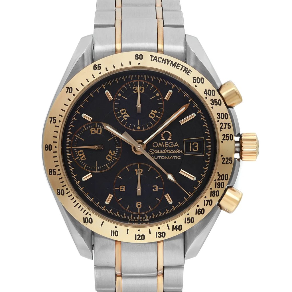An image of a pre-owned men's OMEGA wristwatch, captured from the front in a close-up shot. The watch features a round, black dial with gold stick indexes and a gold bezel. It includes a chronograph, date indicator, luminous hands, and a small seconds subdial. The stainless steel band complements the case, and the condition is classified as good.